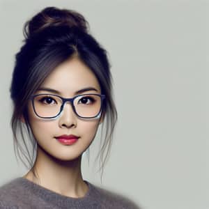 East Asian Woman with Neat Bun Updo and Rectangular Eyeglasses