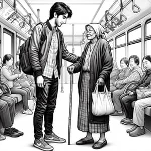 Heartwarming Bus Scene of Kindness: Young Man Offering Seat to Elderly Woman