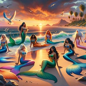 Beautiful Mermaids on a Beach - Ethnically Diverse Tails & Scenery