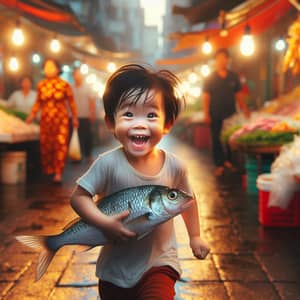 Joyful Vietnamese Child with Fish in Bustling Market