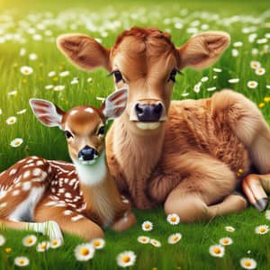 Young Calf and Fawn Enjoying Summer Day on Green Meadow