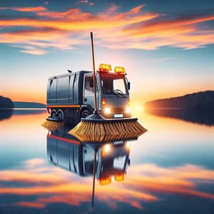 Surreal Road Sweeper on Serene Lake