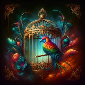 Exotic Bird in Vintage Birdcage | Surreal Fantasy Artistry