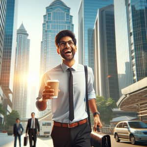 Jubilant South Asian Professional Embracing Morning Energy