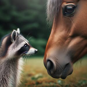 Raccoon Face-to-Face with Horse Encounter