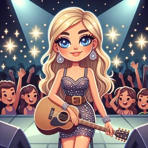 Cartoon Woman with Guitar On Stage | Sparkly Dress & Blonde Hair