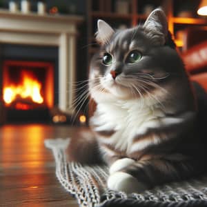 Curious Domestic Cat in Cozy Living Room with Fireplace