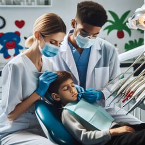 Pediatric Dentistry Scene with Diverse Dental Professionals and a Calm Young Patient