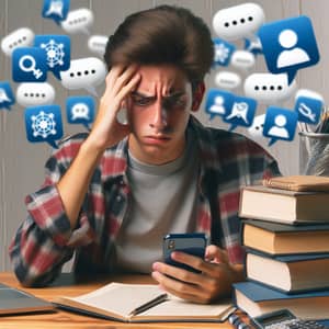 Young Hispanic Teenager Juggling Social Media and Academic Worries