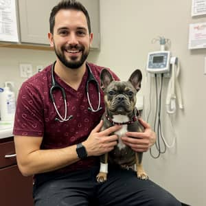 Caring Veterinarian with French Bulldog at Clinic