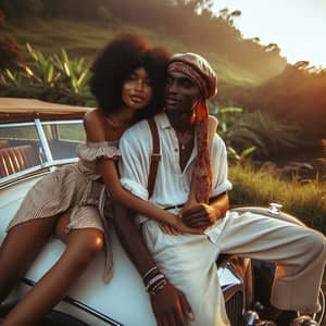 Tender and Romantic Moment: Young Couple Embracing on Vintage Car