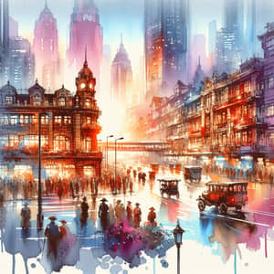 Vibrant WWII Cityscape Watercolor Art