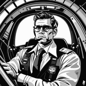 Pilot in Cockpit Illustration - Black and White Anime