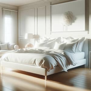 Pristine White Bed with Fluffy Pillows in a Calming Room