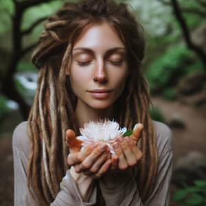 Caucasian Woman Meditating with Blossoming Flower | Serene Environment