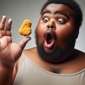 Surprised Overweight African American with Hovering Chicken Nugget