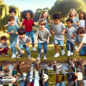 Diverse Group of Children Playing by Lake with Ducks