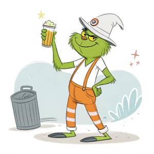 Cartoon Grinch in Garbage Man Outfit with Beer