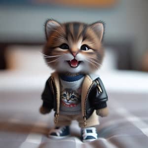 Adorable Kitten in Cool Clothing Standing on Bed