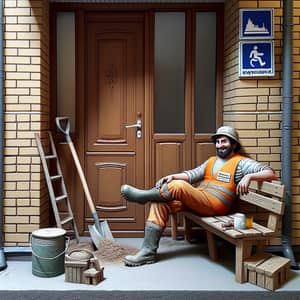 Khrushchyovka Entrance: Laborer Laughing Near Open Door