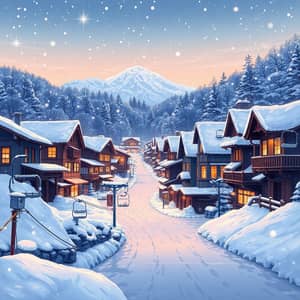 Vibrant Snowy Japanese Village Illustration