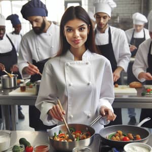 Young Hispanic Female Chef Cooking in Culinary Institute Kitchen