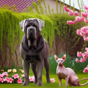 Neapolitan Mastiff and Canadian Sphinx Cat in Green Garden