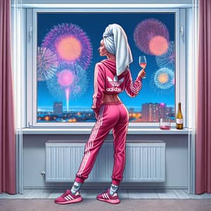 Woman in Pink Tracksuit with Wine Glass Enjoying Fireworks