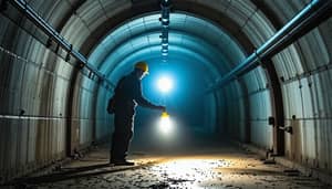 Solitary Engineer in Industrial Tunnel - Shadow and Light