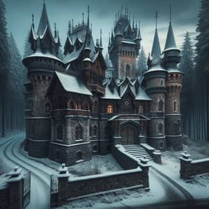 Gothic Russian Castle in Chilled Winter Landscape