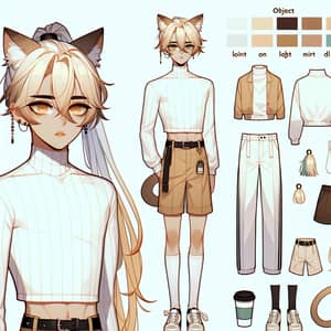 Skinny Boy Character Reference Sheet with Cat Ears and Tail