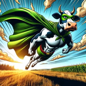 Superhero Cow Soaring Over Sunlit Field | Dynamic Comic Book Art