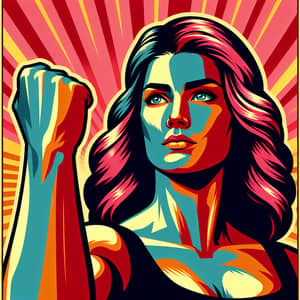 Empowered Woman Raising Fist - Vibrant Propaganda Poster Style