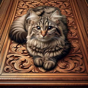 Fluffy Gray Cat on Vintage Oak Table