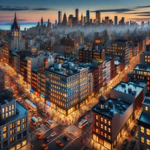 Twilight Cityscape with Diverse Architecture and Lively Streets