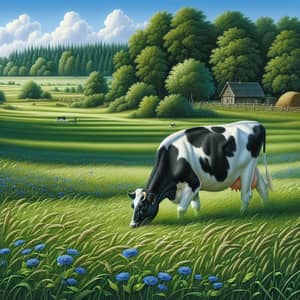 Tranquil Pastoral Scene: Lone Cow Grazing in Lush Field