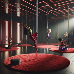 Luxurious Pole Dance Studio with Women Practicing Various Techniques