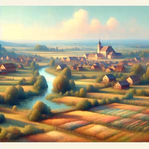 Idyllic Pastel Countryside Village: Aerial Serenity