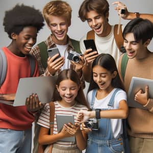 Diverse Students Celebrating Technology Together