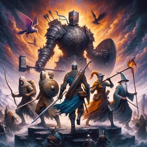 Medieval Fantasy Album Cover: Epic Showdown of 4 Heroes vs. Giant Villain