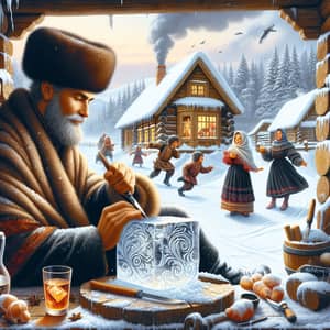 Winter Slavic Traditions: Snow-Covered Village & Ice Carving