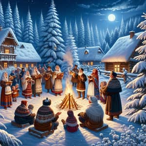 Traditional Slavic Winter Village Scene: Folklore Festivities