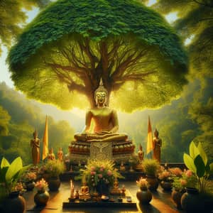 Tranquil Buddha Statue Meditation | Lush Bodhi Tree Scene