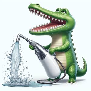 Hilarious Green Alligator Using Oral Irrigator for Chaotic Dental Hygiene