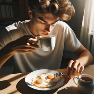 Youthful European Male Having Breakfast with Fried Eggs and Tea