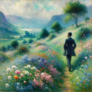 Impressionist Oil Painting of Gentleman Walking on Flower-Covered Hillside