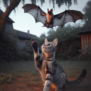 Domestic Shorthaired Cat Playing with Bat - Wildlife Encounter