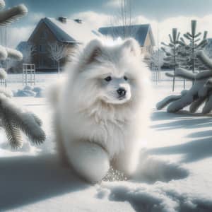 Furry Samoyed Puppy Frolicking in Winter Wonderland