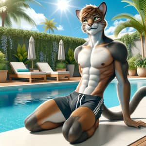 Male Cat-Demi-Human by Pool | Swim Trunks & Feline Features