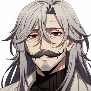 Charismatic Elderly Man with Mustache and Long Grey Hair | Anime Style